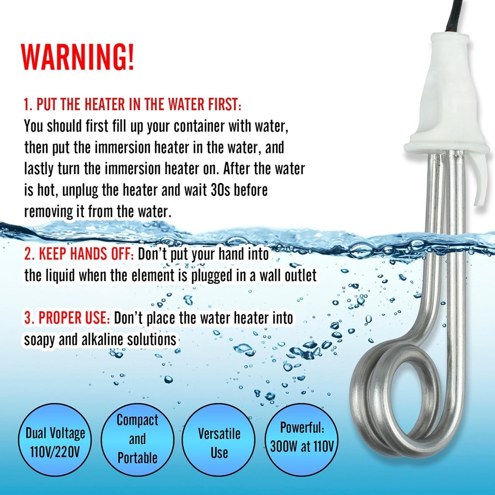 Immersion Water Heater Electric Camping Accessories - 300W - 120/240V - Dual Vol