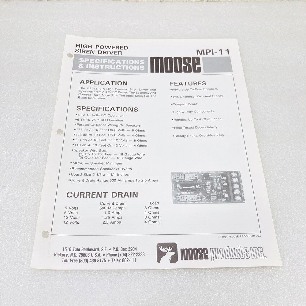 Moose MPI-11 High Powered Siren Driver Specifications & Instructions Operations