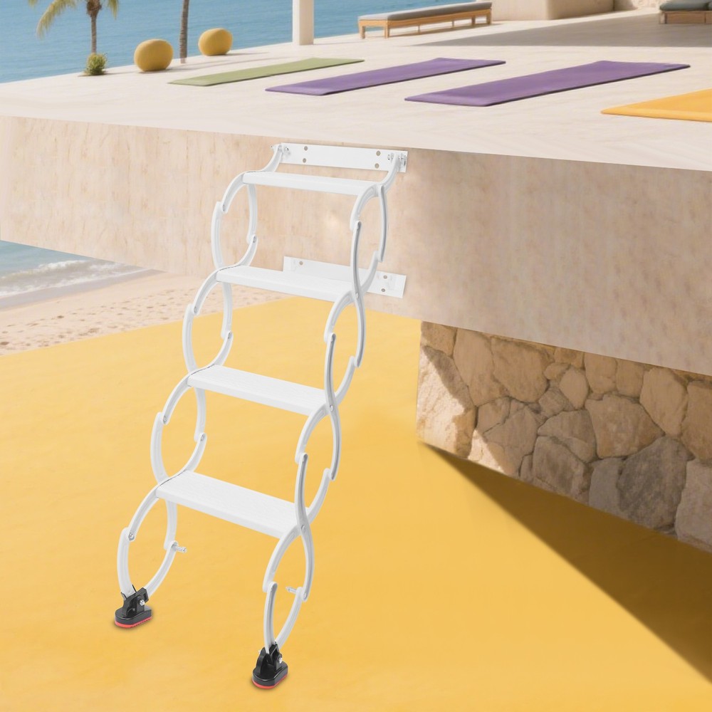 4-Step Wall Mounted Folding Ladder, White Retractable Telescoping Step Ladders