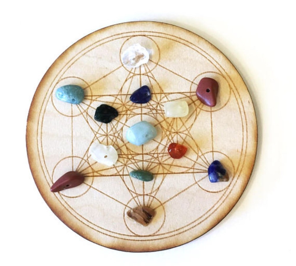 Laser engraved 4.5” Metratrone’s Cube Crystal Grid