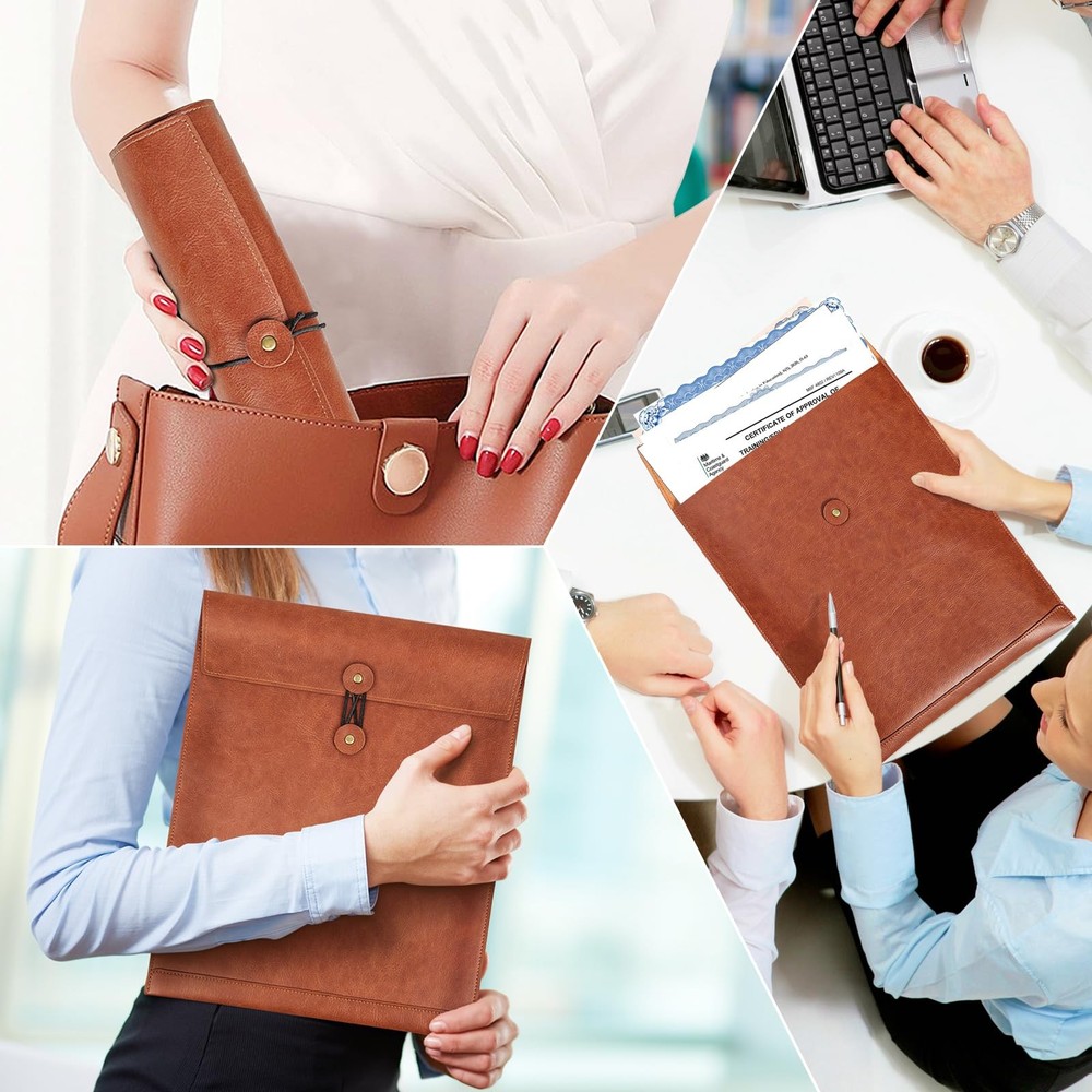 QiXin Brown PU Leather File Folder for Documents,Important 1 PC, Brown-string