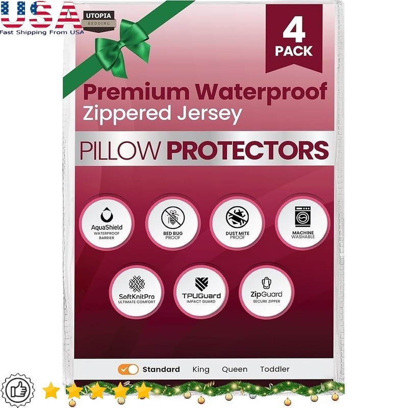 Waterproof Pillow Protectors 4 Pack Zippered Bed Bug Proof Knitted Covers New
