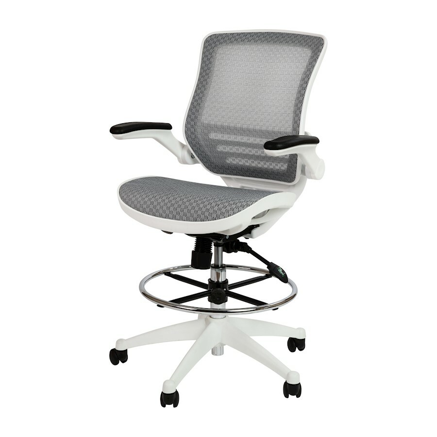 Flash Mid-Back Gray Mesh Drafting Chair/White Frame and Flip-Up Arms