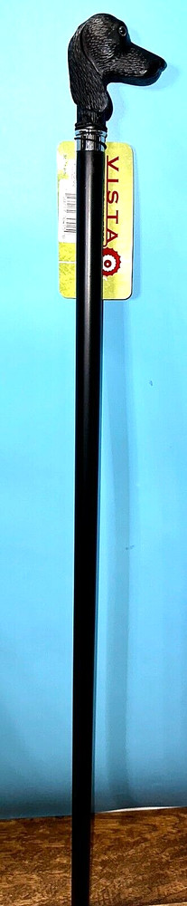 MODERN BLACK DOG HEAD HANDLE FLAT Bk NYLON W/SIL. PLATE ACCENT WALKING STICK 36"