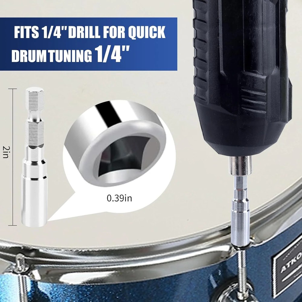 Drum Key Set 3pcs - 2 Drill Bit Drum Tuning Keys for Power Drill + Z-Type, Percu