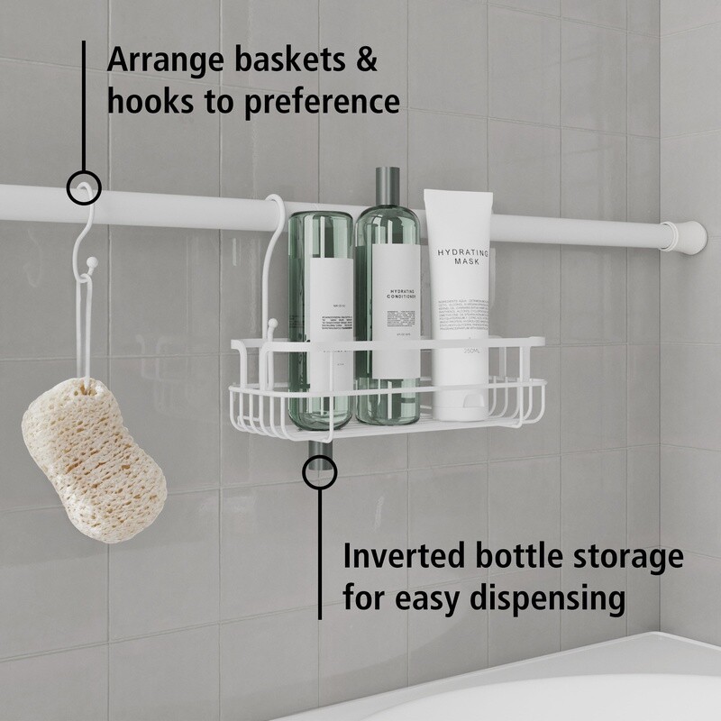 Tension Rod Bath Organizer Caddy Adjustable Storage Baskets Hooks No Tools New