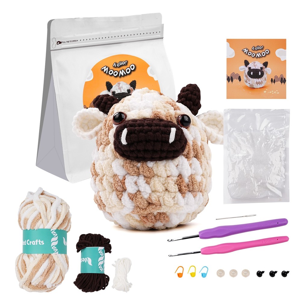 Beginner MooMoo Crochet Kit Complete Cow Amigurumi Starter Set w Video Tutorials