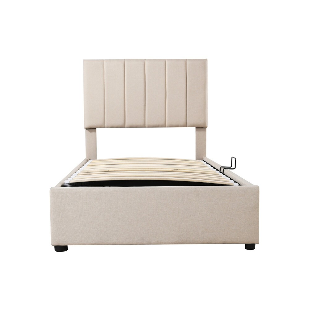 Twin Size Linen Upholstered Platform Bed w/ Hydraulic Storage System Beige