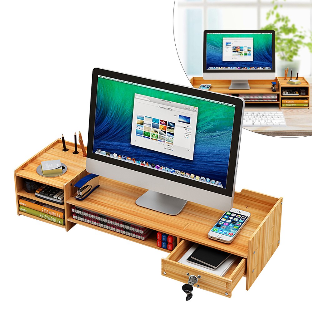 Wood Desk Organizer Home Office Desktop Storage Drawer Computer Holder + Lock