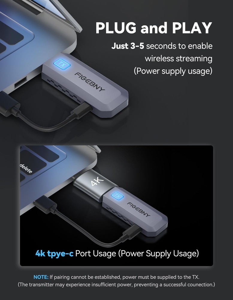 Wireless HDMI Transmitter & Receiver 4K 1080P 165FT Plug & Play Dark Grey
