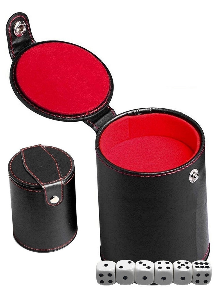 (6) 16mm White Pip Dice + PU Leather Red Felt Lined Dice Cup Compartment