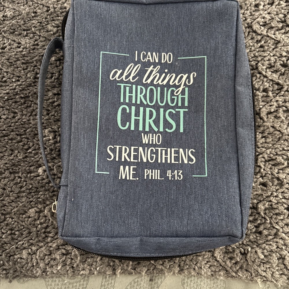 Bible Cover : Zippered, with Handle, Canvas, Blue, Medium