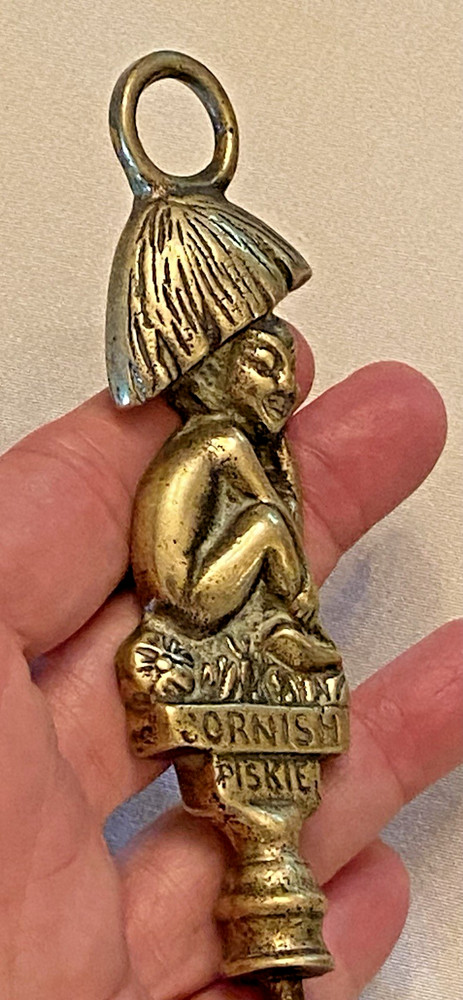 Antique 1920s British CORNISH PISKIE CORKSCREW Brass Goblin Pixie under Mushroom