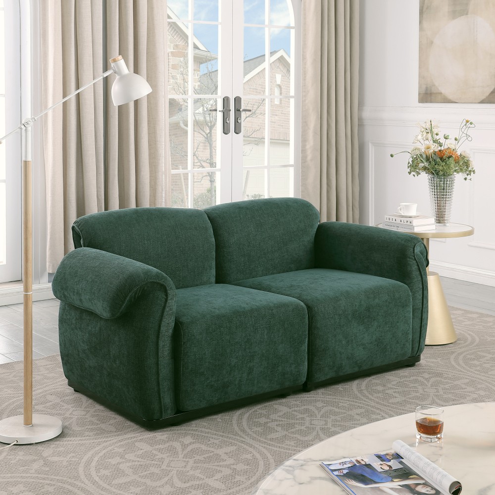 68.5" Green Chenille Sectional Sofa, Iron Frame, Split Back, Square Arms
