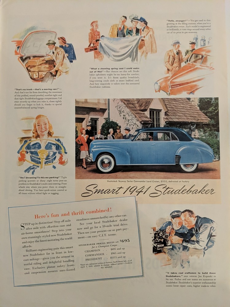 1941 vintage Studebaker print ad. Studebaker Land cruiser. World war II era