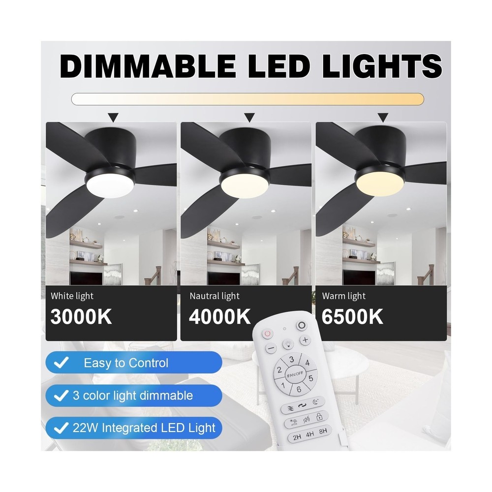 52 Inch Ceiling Fan with Light and Remote Control, LED Flush Mount Low Profil...