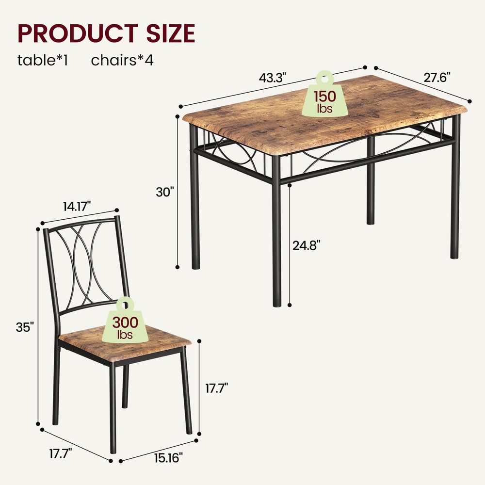 ✅5-Piece Dining Table Set for Small Space Kitchen Table Set for 4 Retro Brown NE