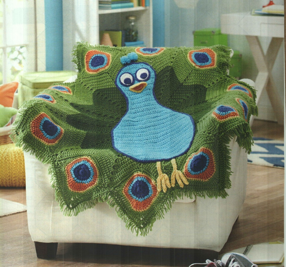 PETER PEACOCK AFGHAN HOME DECOR CROCHET PATTERN INSTRUCTIONS HTF
