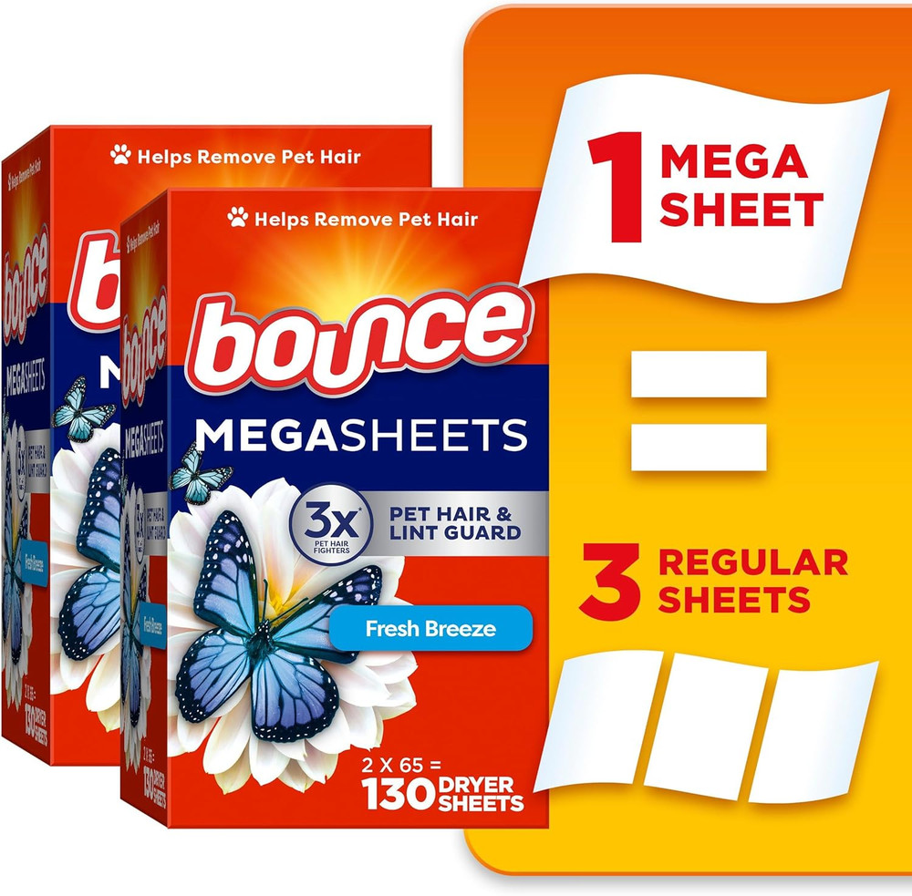 Mega Dryer Sheets, Fresh Breeze, 130 Count, Mega Fabric Softener Sheets with Sta