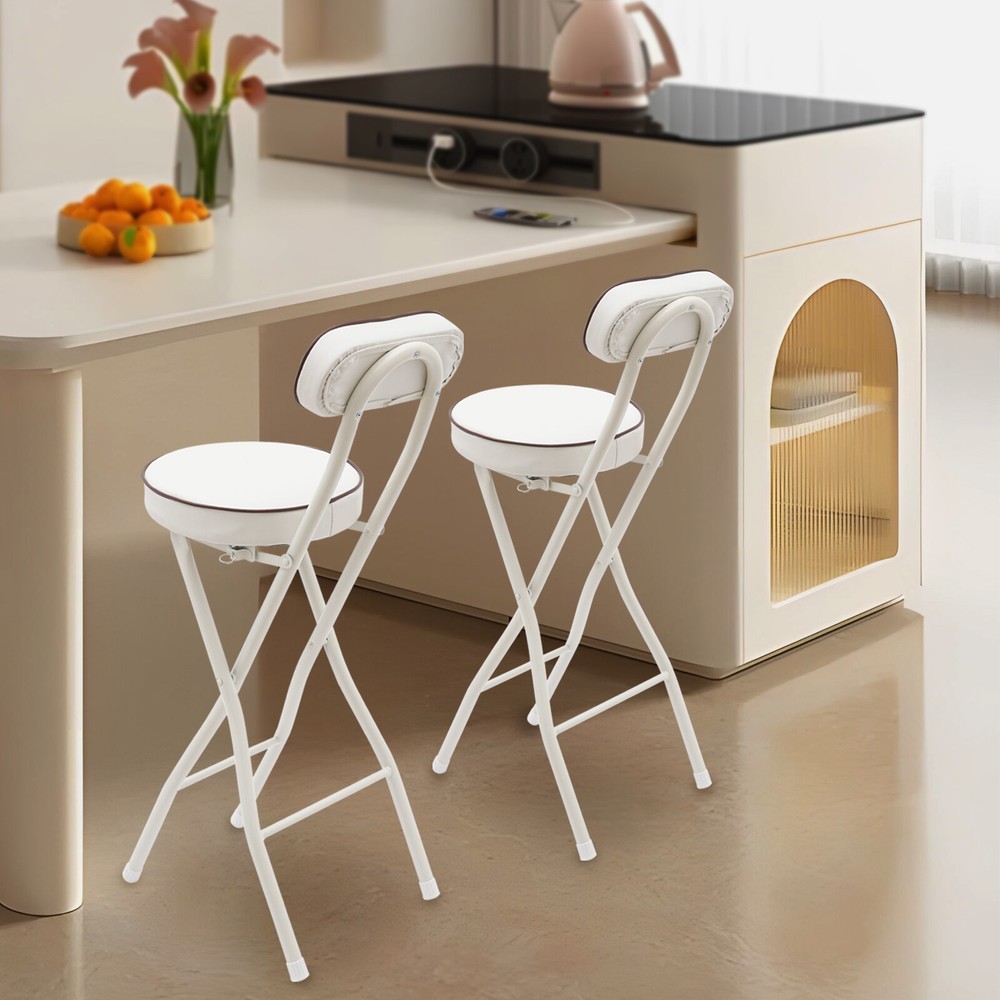 2PCS Bar Stool Portable Folding Stool Padded Folding High Chairs White Modern
