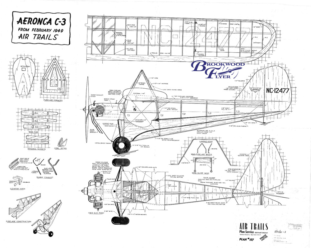 AERONCA C-3 PLAN + AIR TRAILS CONSTRUCTION ARTICLE for a 54" UC Model Airplane