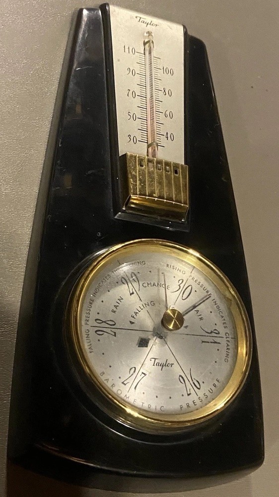 NICE VINTAGE TAYLOR INSTRUMENT CO. MCM BAROMETER THERMOMETER WALL MOUNT WORKING