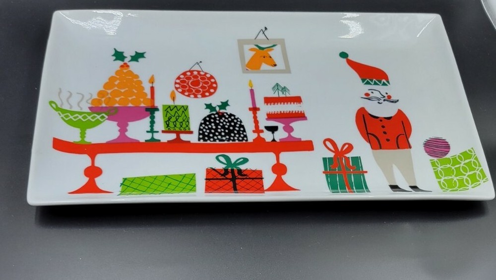 CRATE & BARREL Jenny Bowers Rectangular Christmas Serving Platter Santa Gift