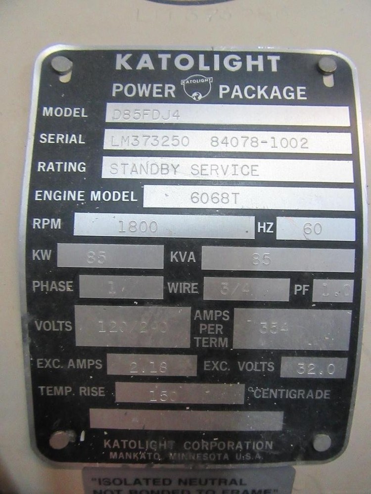 85 KW KATOLIGHT GENERATOR HEAD SINGLE PHASE 3/11.5 GENERATOR CONTROLLER, BREAKER