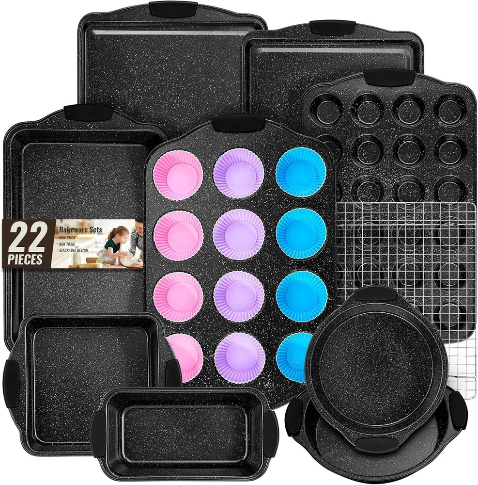 Baking Pans Set Nonstick, Bakeware Sets Stackable with Silicone Handles, 22 P...