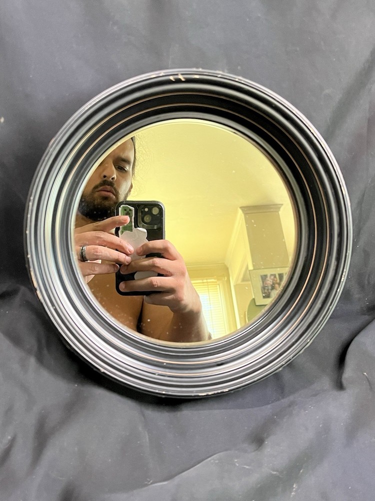 VINTAGE ROUND BLACK FRAME MIRROR 9.25” VTG