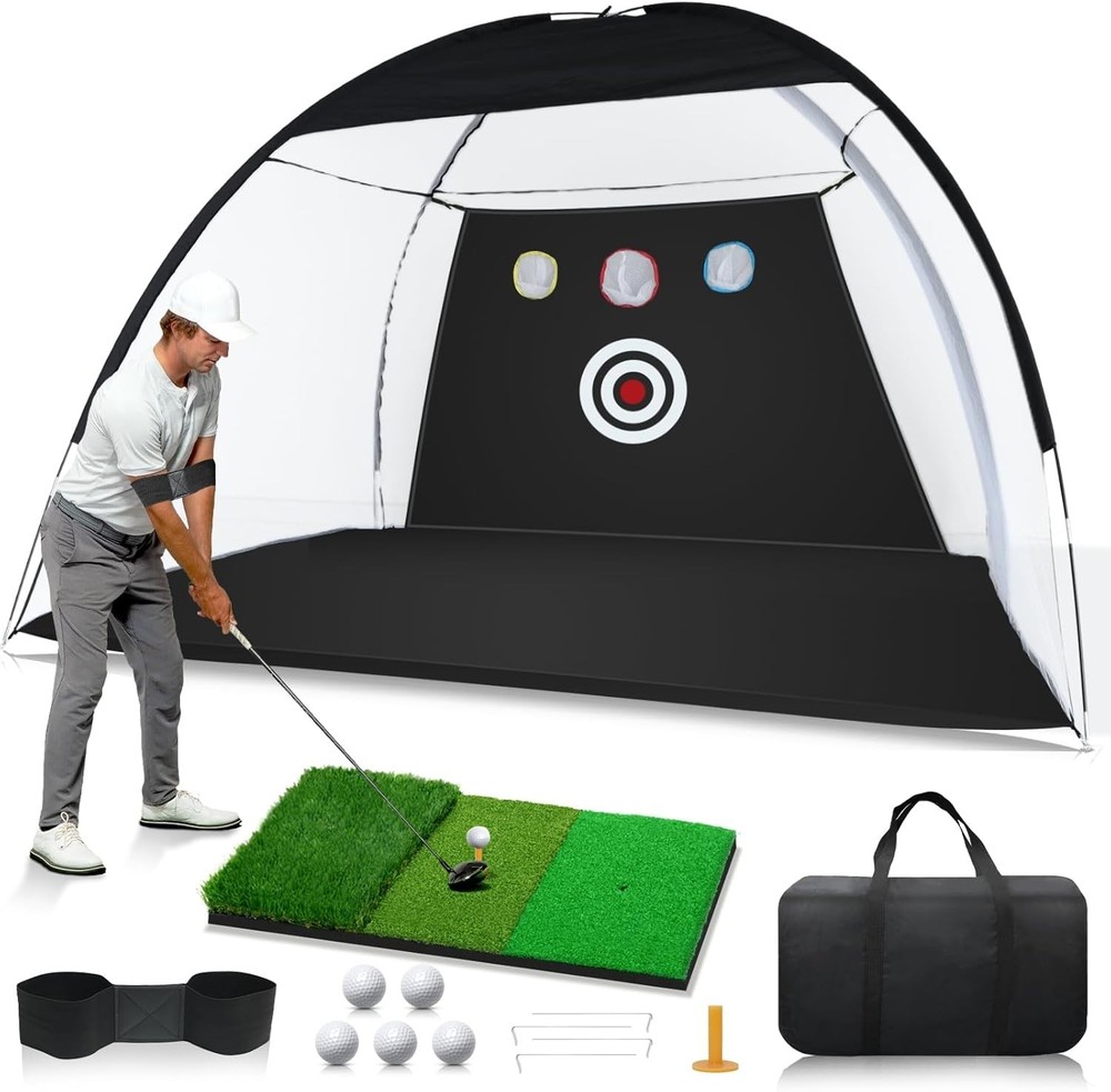 All-in-One 10x7ft Golf Training Net - Includes Mat & 5 Golf Balls for Practice