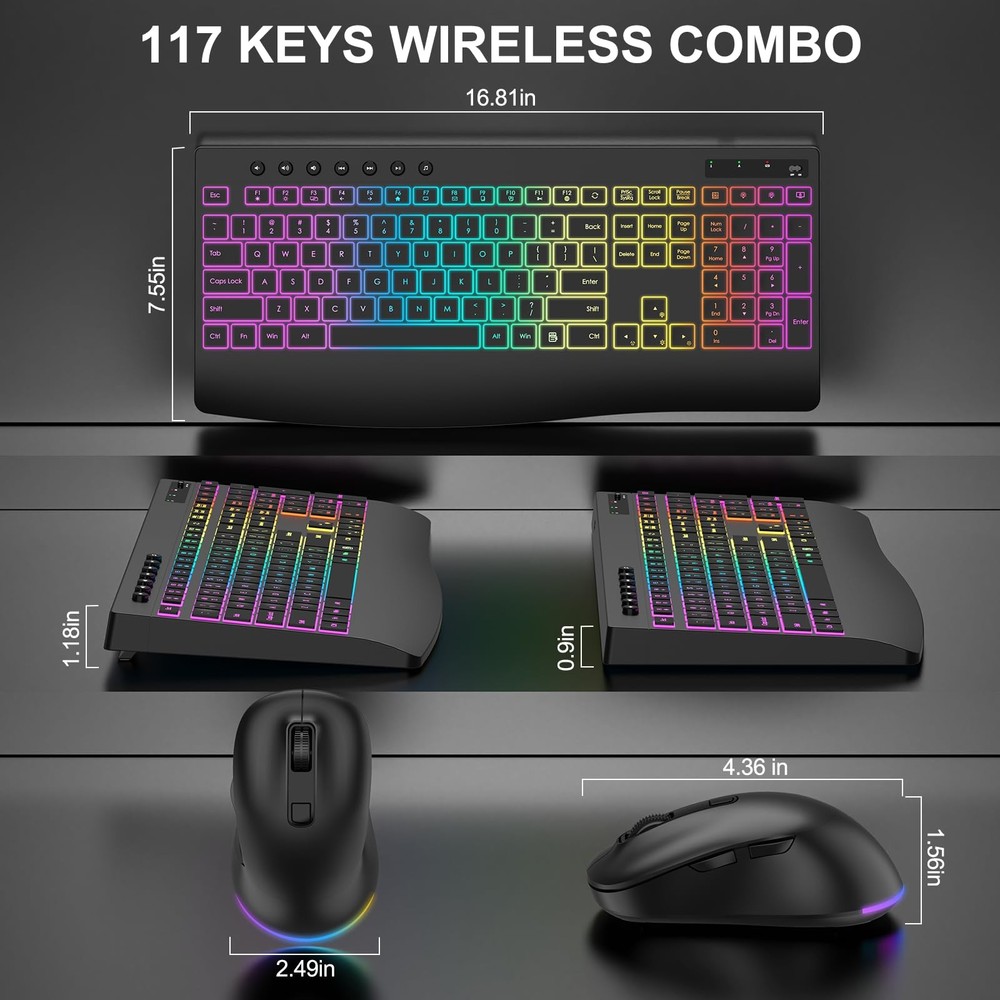 Wireless Keyboard and Mouse Combo, 9 Backlit Effects, Rechargeable 4000mAh Ba...