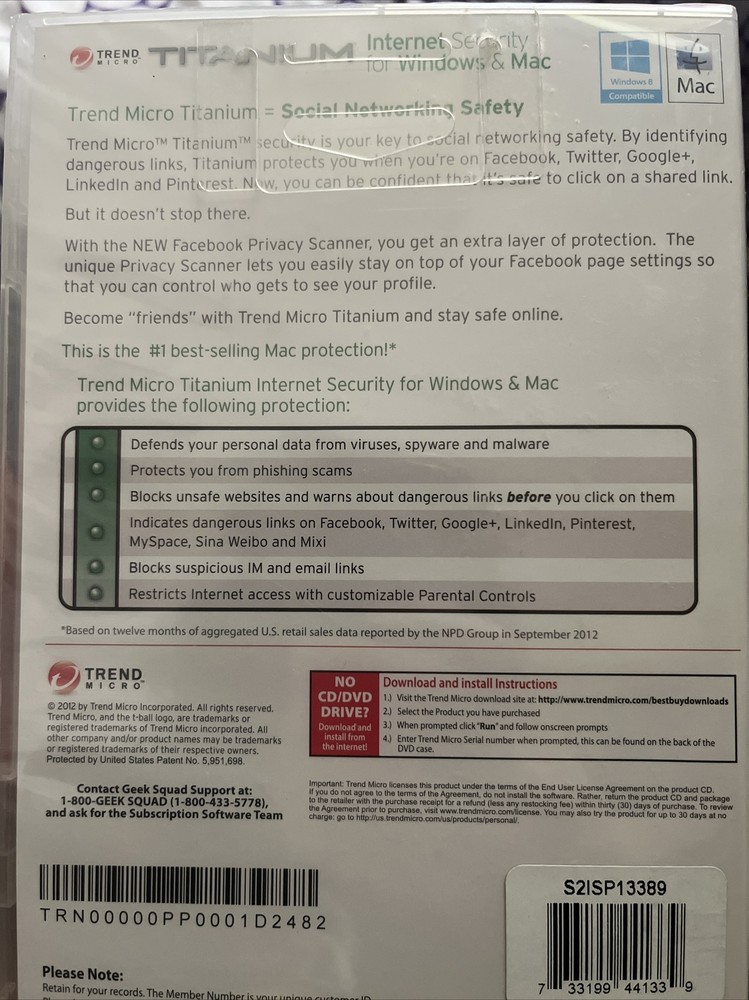 TREND MICRO TITANIUM-INTERNET SECURITY FOR WINDOWS & MAC BRAND NEW SEALED