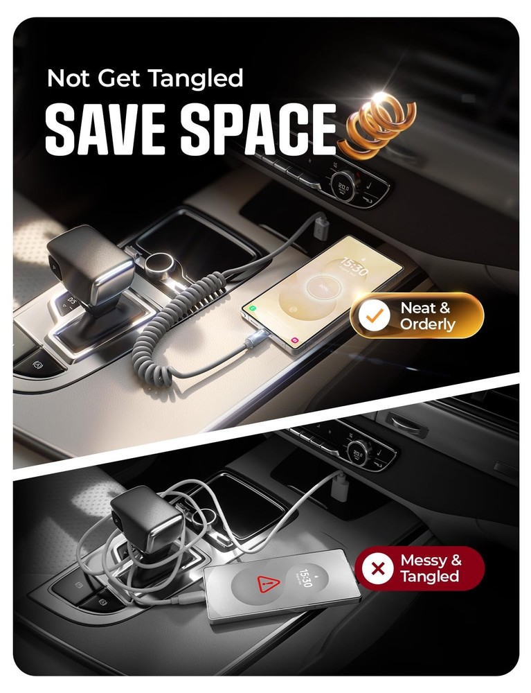 LISEN Coiled USB C Cable, 2 Pack for Android Auto & CarPlay 4FT, Space Gray