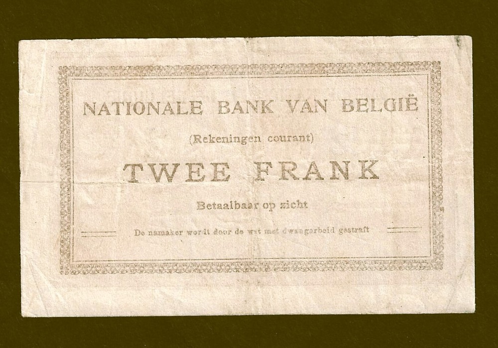 BELGIUM 1914 2 FRANCS COMPTES COURANTS ~ P-82 ~ RARE TYPE ~ PROBLEM-FREE NOTE