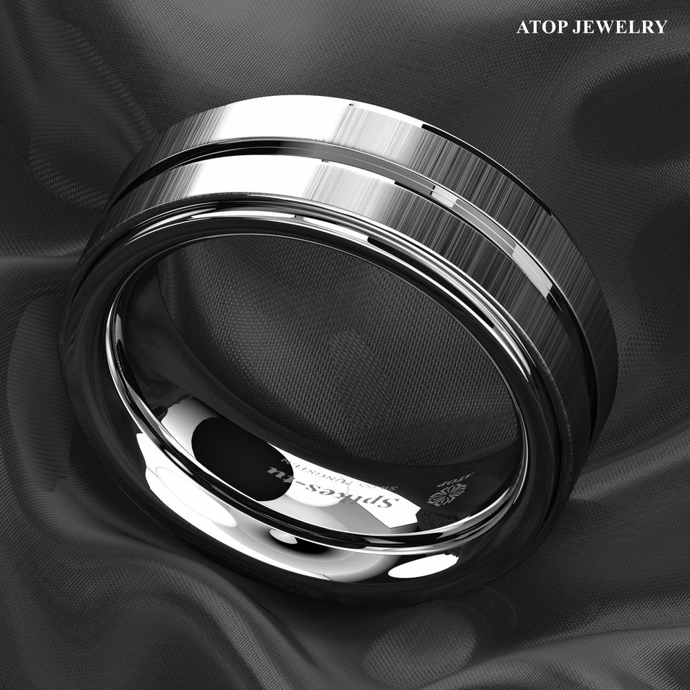 8Mm Silver Tungsten Carbide Ring Two Vertical Brushed Meteorite wedding band