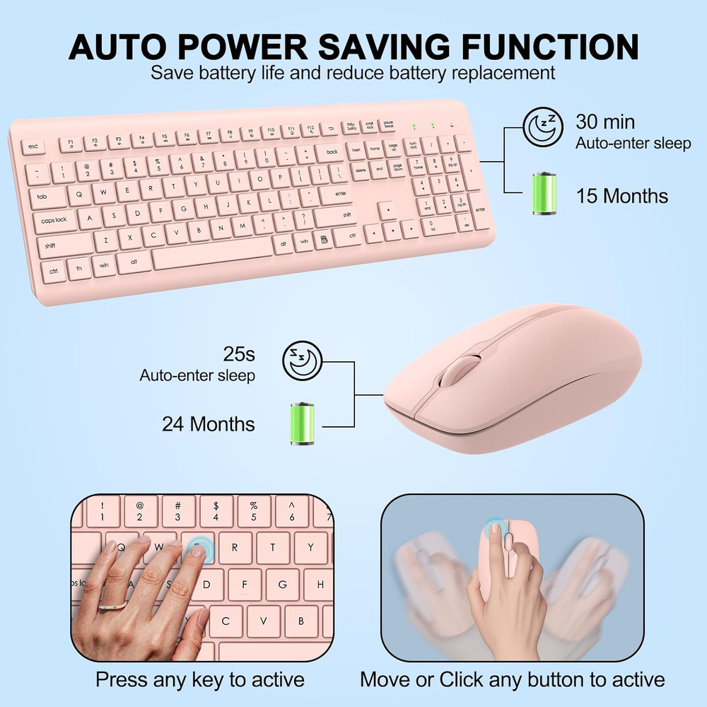Wireless Keyboard and Mouse Combo, Full Size Silent Ergonomic Keyboard and Mouse