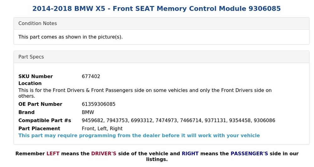 2014-2018 BMW X5 - Front SEAT Memory Control Module 9306085