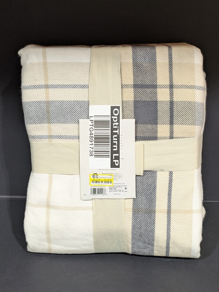 Full/Queen Brushed Cotton Blanket Neutral Plaid - Threshold