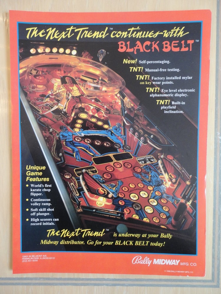 Black Belt Pinball Machine Flyer Original Magazine Pull Out Advertisement