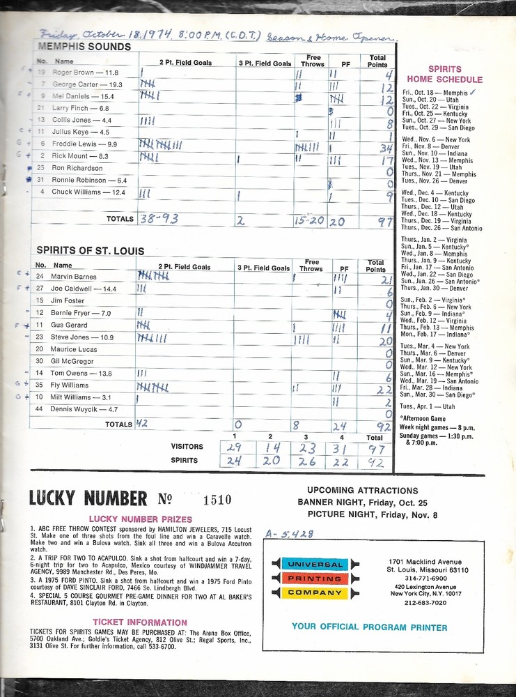 Oct 18 1974 St Louis Spirits/Sounds ABA Program + Stub 1st Ever Games for BOTH!