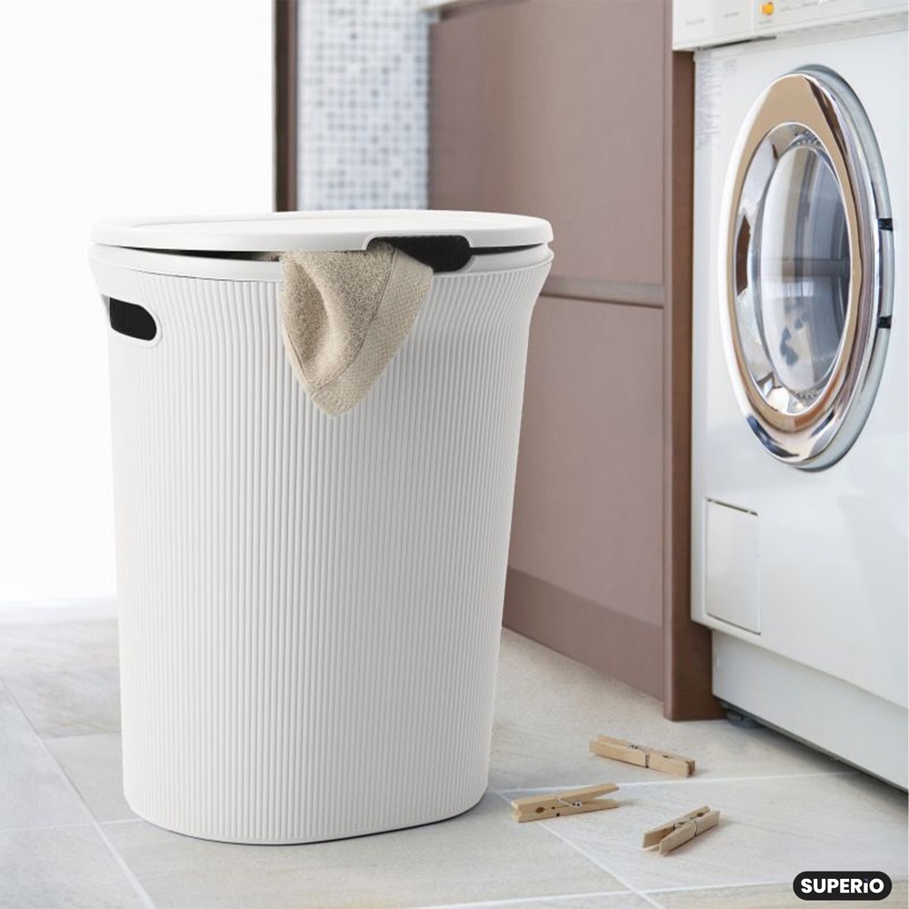 Ribbed Plastic Laundry Hamper with Lid 40 Liter - White(2 Pack)
