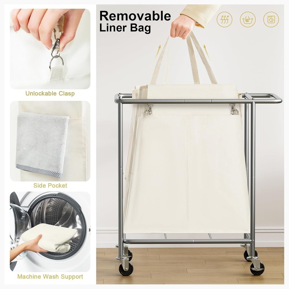 Double Laundry Hamper W/ Wheels,200L Rolling Laundry Basket 2 Section