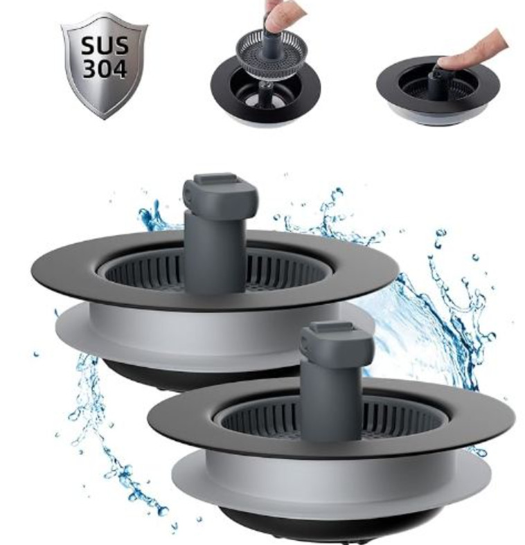 Hibbent Upgraded 3 in 1 Kitchen Sink Drain Strainer and Stopper Combo, TWO PACK
