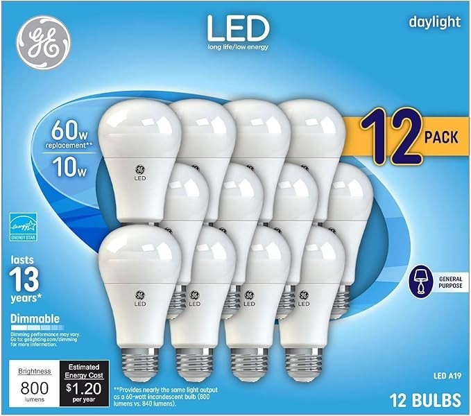 GE 60W 60 Watt Replacement Daylight LED, Dimmable, 800 Lumens, A19 - 12 Pack