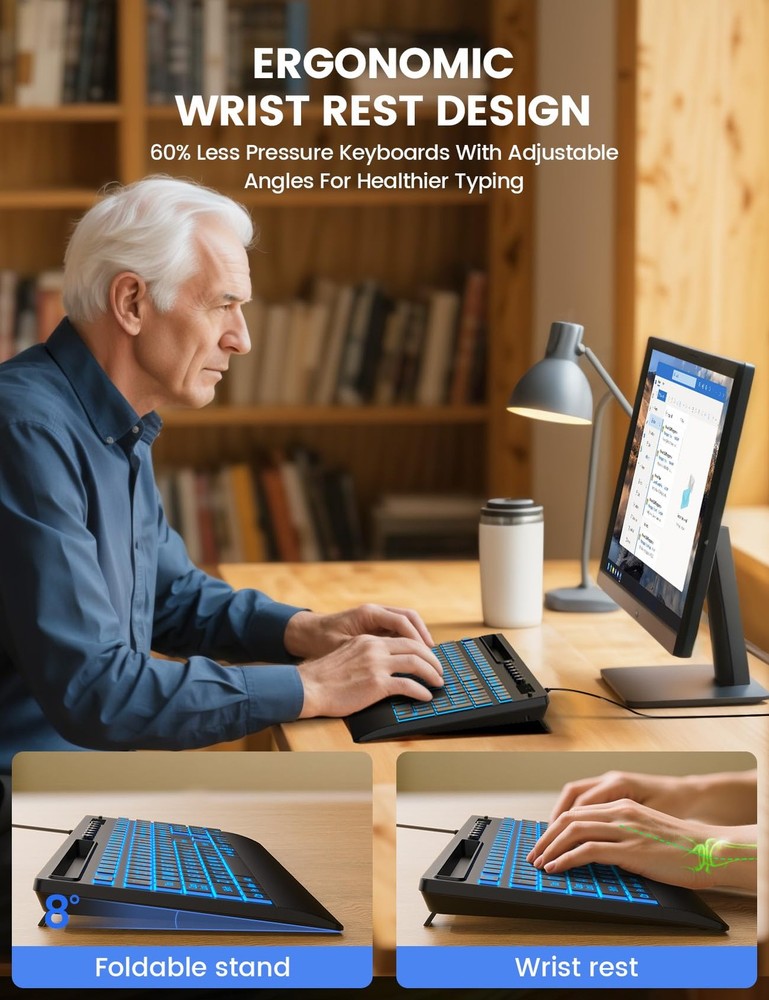 SABLUTE Large Print Backlit Keyboard, USB Wired Computer Keyboard with Black