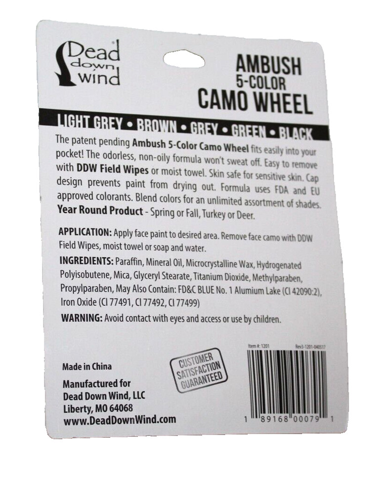 Dead Down Wind Camo Wheel Ambush 5 Color Face Paint Spring Fall Color Oderless