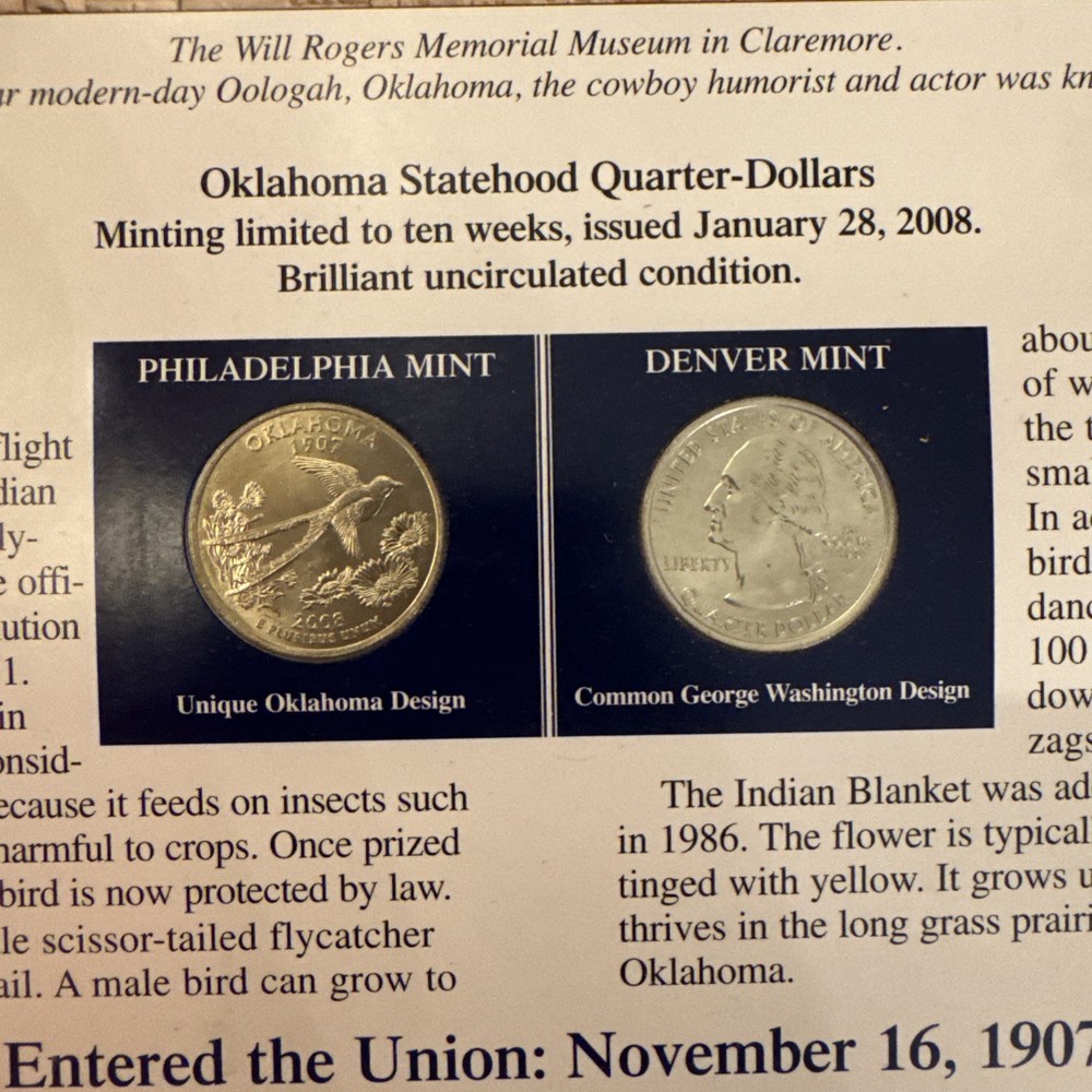 2008 Oklahoma State Commemorative Quarter And Stamp Set