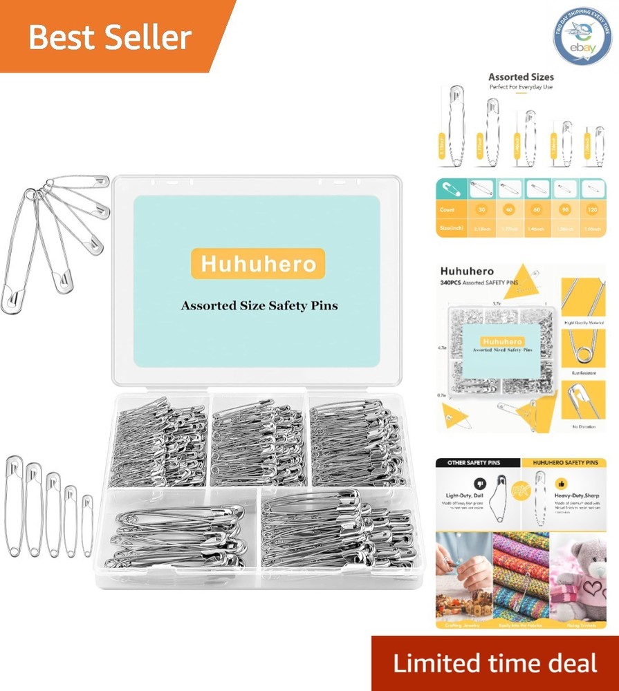 Multi-Size Safety Pins Bulk - 340 Pack, Rust Resistant for Crafts & Sewing