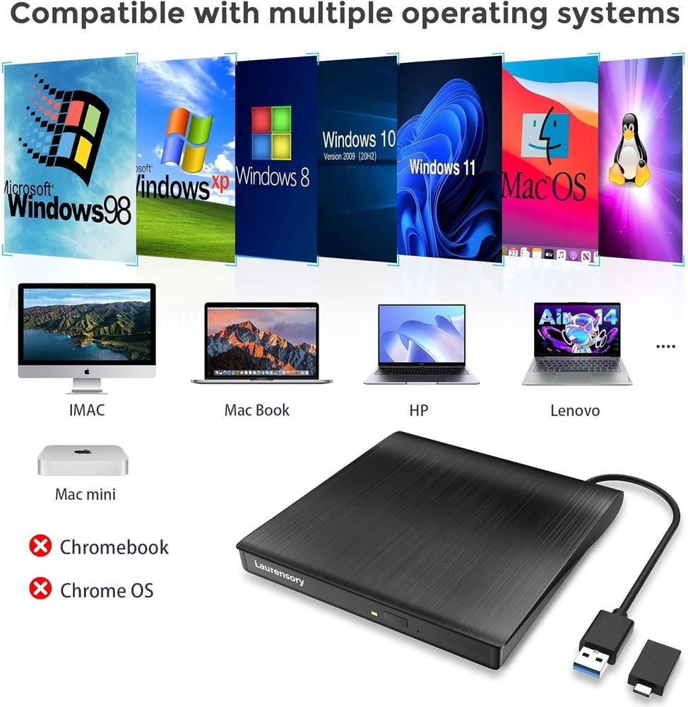 External DVD Drive USB 3.0 Type-C Portable Player for Laptop CD Black